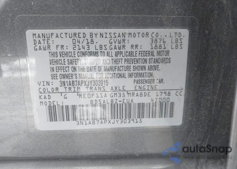 2018 Nissan Sentra S из США, поврежденный, VIN 3N1AB7APXJY303915